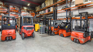 forklifts in a warehouse